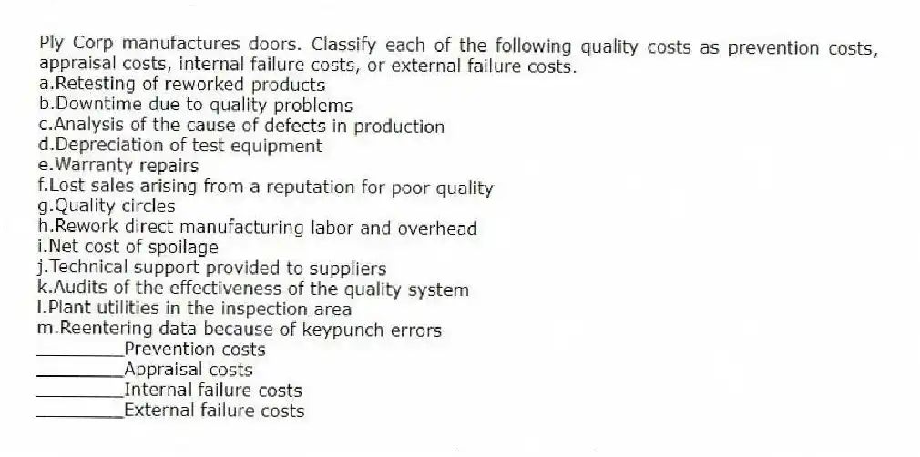 Ply Corp manufactures doors. Classify each of the following quality costs as prevention costs, appraisal costs, internal failure costs, or external failure costs.
a.Retesting of reworked products
b.Downtime due to quality problems
c.Analysis of the cause of defects in production
d.Depreciation of test equipment
e.Warranty repairs
f.Lost sales arising from a reputation for poor quality
g.Quality circles
h.Rework direct manufacturing labor and overhead
i.Net cost of spoilage
j.Technical support provided to suppliers
k.Audits of the effectiveness of the quality system
l.Plant utilities in the inspection area
m.Reentering data because of keypunch errors
________Prevention costs
________Appraisal costs
________Internal failure costs
________External failure costs