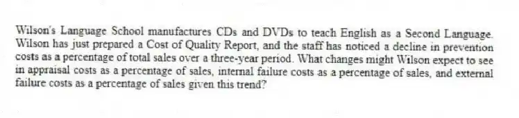 Wilson's Language School manufactures CDs and DVDs to teach English as a Second Language. Wilson has just prepared a Cost of Quality Report, and the staff has noticed a decline in prevention costs as a percentage of total sales over a three-year period. What changes might Wilson expect to see in appraisal costs as a percentage of sales, internal failure costs as a percentage of sales, and external failure costs as a percentage of sales given this trend?