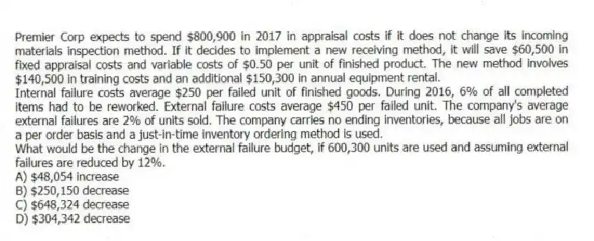 Premier Corp expects to spend $800,900 in 2017 in appraisal costs if it does not change its incoming materials inspection method. If it decides to implement a new receiving method, it will save $60,500 in fixed appraisal costs and variable costs of $0.50 per unit of finished product. The new method involves $140,500 in training costs and an additional $150,300 in annual equipment rental.
Internal failure costs average $250 per failed unit of finished goods. During 2016, 6% of all completed items had to be reworked. External failure costs average $450 per failed unit. The company's average external failures are 2% of units sold. The company carries no ending inventories, because all jobs are on a per order basis and a just-in-time inventory ordering method is used.
What would be the change in the external failure budget, if 600,300 units are used and assuming external failures are reduced by 12%.
A) $48,054 increase
B) $250,150 decrease
C) $648,324 decrease
D) $304,342 decrease