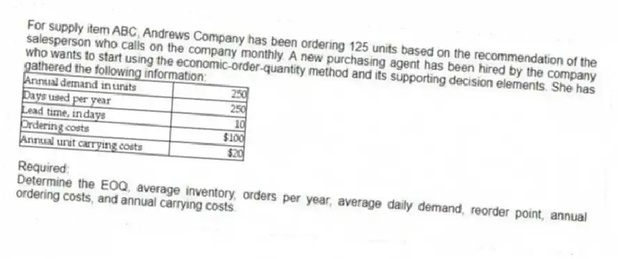 For supply item ABC, Andrews Company has been ordering 125 units based on the recommendation of the salesperson who calls on the company monthly. A new purchasing agent has been hired by the company who wants to start using the economic-order-quantity method and its supporting decision elements. She has gathered the following information:
Required:
Determine the EOQ, average inventory, orders per year, average daily demand, reorder point, annual ordering costs, and annual carrying costs.