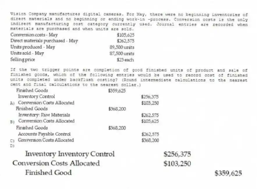 Vision Company manufactures digital cameras. For May, there were no beginning inventories of direct materials and no beginning or ending work-in -process. Conversion costs is the only indirect manufacturing cost category currently used. Journal entries are recorded when materials are purchased and when units are sold.
If the two trigger points are completion of good finished units of product and sale of finished goods, which of the following entries would be used to record cost of finished units completed under backflush costing? (Round intermediate calculations to the nearest cent and final calculations to the nearest dollar.)