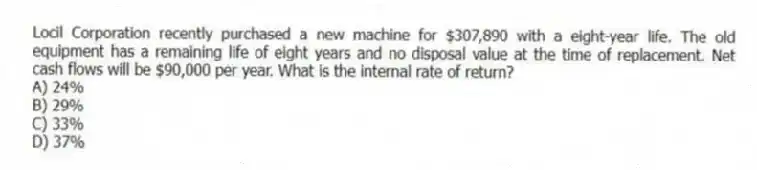 Locil Corporation recently purchased a new machine for $307,890 with a eight-year life. The old equipment has a remaining life of eight years and no disposal value at the time of replacement. Net cash flows will be $90,000 per year. What is the internal rate of return?
A) 24%
B) 29%
C) 33%
D) 37%
