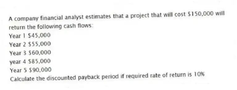 A company financial analyst estimates that a project that will cost $150,000 will return the following cash flows:
Year 1 $45,000
Year 2 $55,000
Year 3 $60,000
year 4 $85,000
Year 5 $90,000
Calculate the discounted payback period if required rate of return is 10%