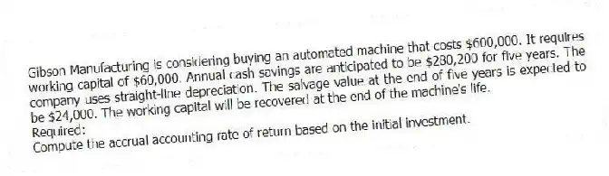 Gibson Manufacturing is considering buying an automated machine that costs $600,000. It requires working capital of $60,000. Annual cash savings are anticipated to be $280,200 for five years. The company uses straight-line depreciation. The salvage value at the end of five years is expected to be $24,000. The working capital will be recovered at the end of the machine's life.
Required:
Compute the accrual accounting rate of return based on the initial investment.