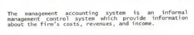 The management accounting system is an informal management control system which provide information about the firm's costs, revenues, and income.