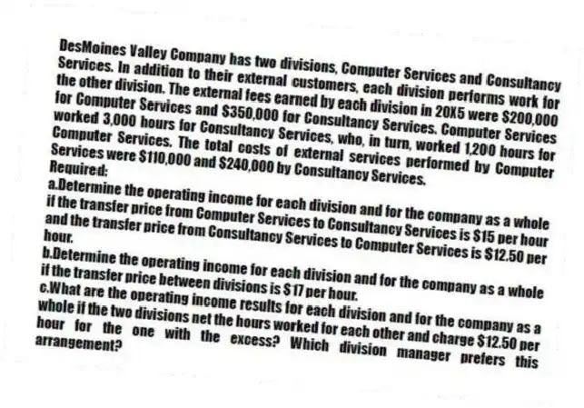 DesMoines Valley Company has two divisions, Computer Services and Consultancy Services. In addition to their external customers, each division performs work for the other division. The external fees earned by each division in 20X5 were $200,000 for Computer Services and $350,000 for Consultancy Services. Computer Services worked 3,000 hours for Consultancy Services, who, in turn, worked 1,200 hours for Computer Services. The total costs of external services performed by Computer Services were $110,000 and $240,000 by Consultancy Services.
Required:
a.Determine the operating income for each division and for the company as a whole if the transfer price from Computer Services to Consultancy Services is $15 per hour and the transfer price from Consultancy Services to Computer Services is $12.50 per hour.
b.Determine the operating income for each division and for the company as a whole if the transfer price between divisions is $17 per hour.
c.What are the operating income results for each division and for the company as a whole if the two divisions net the hours worked for each other and charge $12.50 per hour for the one with the excess? Which division manager prefers this arrangement?