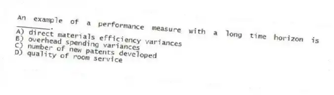 An example of a performance measure with a long time horizon is ________.
A) direct materials efficiency variances
B) overhead spending variances
C) number of new patents developed
D) quality of room service