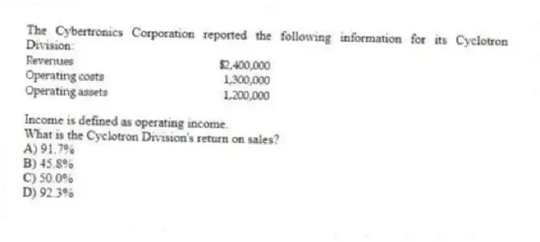 The Cybertronics Corporation reported the following information for its Cyclotron Division:
Income is defined as operating income.
What is the Cyclotron Division's return on sales?
A) 91.7%
B) 45.8%
C) 50.0%
D) 92.3%