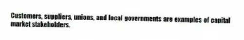 Customers, suppliers, unions, and local governments are examples of capital market stakeholders.