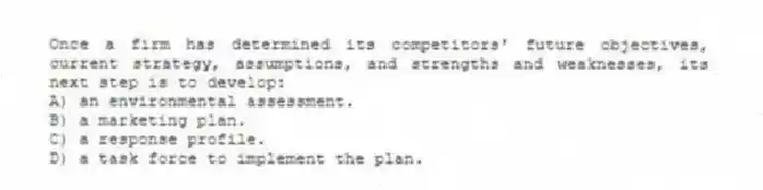 Once a firm has determined its competitors' future objectives, current strategy, assumptions, and strengths and weaknesses, its next step is to develop:
A) an environmental assessment.
B) a marketing plan.
C) a response profile.
D) a task force to implement the plan.