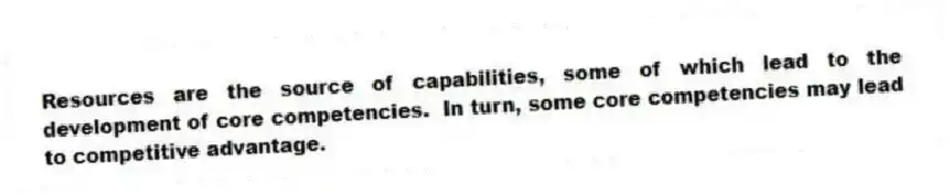 Resources are the source of capabilities, some of which lead to the development of core competencies. In turn, some core competencies may lead to competitive advantage.