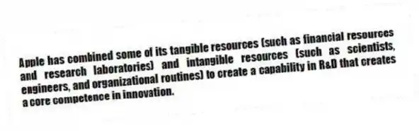 Apple has combined some of its tangible resources (such as financial resources and research laboratories) and intangible resources (such as scientists, engineers, and organizational routines) to create a capability in R&D that creates a core competence in innovation.