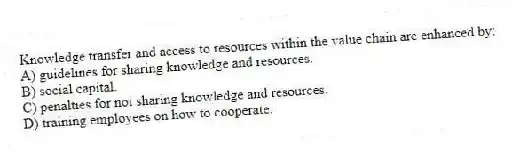 Knowledge transfer and access to resources within the value chain are enhanced by:
A) guidelines for sharing knowledge and resources.
B) social capital.
C) penalties for not sharing knowledge and resources.
D) training employees on how to cooperate.