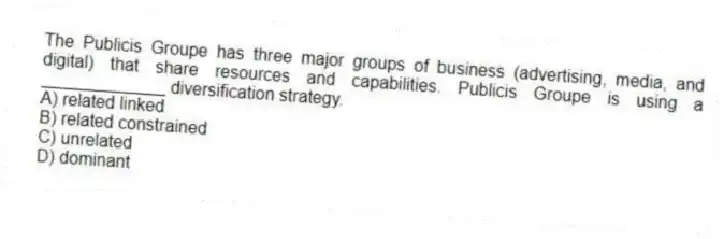 The Publicis Groupe has three major groups of business (advertising, media, and digital) that share resources and capabilities. Publicis Groupe is using a _____________ diversification strategy.
A) related linked
B) related constrained
C) unrelated
D) dominant