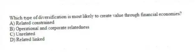 Which type of diversification is most likely to create value through financial economies?
A) Related constrained
B) Operational and corporate relatedness
C) Unrelated
D) Related linked