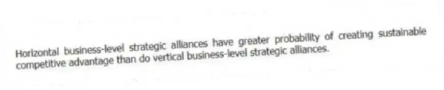 Horizontal business-level strategic alliances have greater probability of creating sustainable competitive advantage than do vertical business-level strategic alliances.