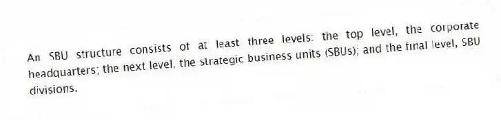An SBU structure consists of at least three levels: the top level, the corporate headquarters; the next level, the strategic business units (SBUs); and the final level, SBU divisions.