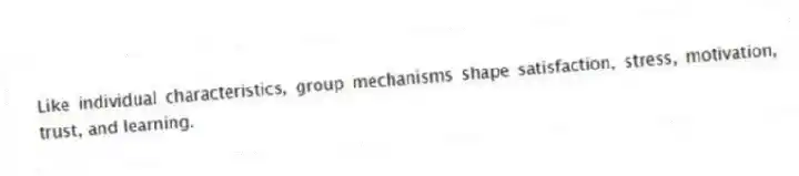 Like individual characteristics, group mechanisms shape satisfaction, stress, motivation, trust, and learning.