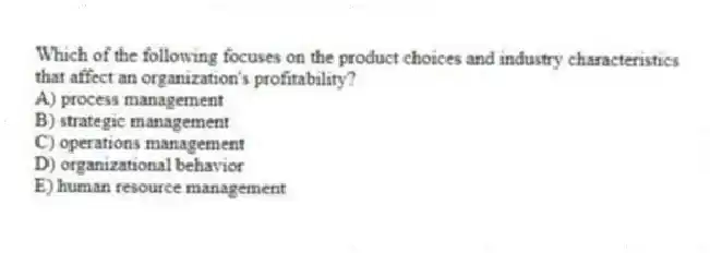Which of the following focuses on the product choices and industry characteristics that affect an organization's profitability?
A) process management
B) strategic management
C) operations management
D) organizational behavior
E) human resource management