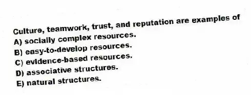 Culture, teamwork, trust, and reputation are examples of
A) socially complex resources.
B) easy-to-develop resources.
C) evidence-based resources.
D) associative structures.
E) natural structures.
