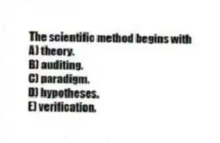 The scientific method begins with
A) theory.
B) auditing.
C) paradigm.
D) hypotheses.
E) verification.