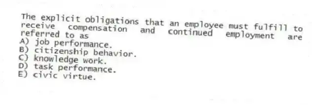 The explicit obligations that an employee must fulfill to receive compensation and continued employment are referred to as
A) job performance.
B) citizenship behavior.
C) knowledge work.
D) task performance.
E) civic virtue.