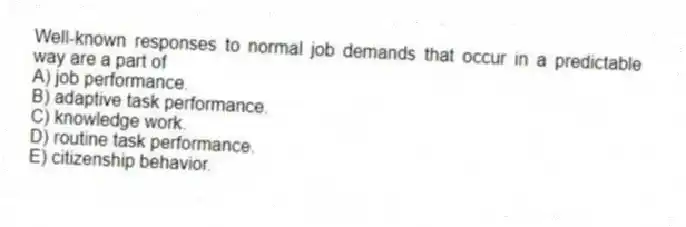 Well-known responses to normal job demands that occur in a predictable way are a part of
A) job performance.
B) adaptive task performance.
C) knowledge work.
D) routine task performance.
E) citizenship behavior.