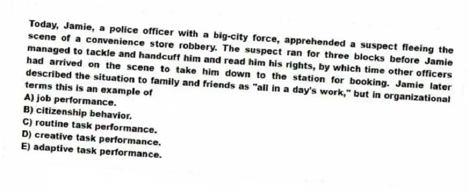 Today, Jamie, a police officer with a big-city force, apprehended a suspect fleeing the scene of a convenience store robbery. The suspect ran for three blocks before Jamie managed to tackle and handcuff him and read him his rights, by which time other officers had arrived on the scene to take him down to the station for booking. Jamie later described the situation to family and friends as "all in a day's work," but in organizational terms this is an example of
A) job performance.
B) citizenship behavior.
C) routine task performance.
D) creative task performance.
E) adaptive task performance.