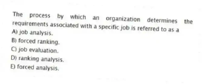 The process by which an organization determines the requirements associated with a specific job is referred to as a
A) job analysis.
B) forced ranking.
C) job evaluation.
D) ranking analysis.
E) forced analysis.