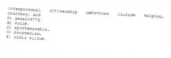 Interpersonal citizenship behaviors include helping, courtesy, and
A) generosity.
B) voice.
C) sportsmanship.
D) boosterism.
E) civic virtue.