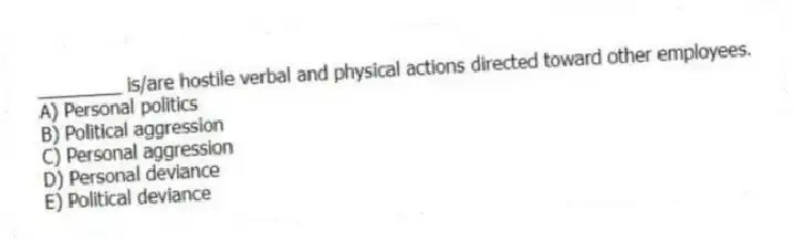 ________ is/are hostile verbal and physical actions directed toward other employees.
A) Personal politics
B) Political aggression
C) Personal aggression
D) Personal deviance
E) Political deviance