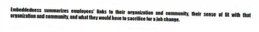Embeddedness summarizes employees' links to their organization and community, their sense of fit with that organization and community, and what they would have to sacrifice for a job change.