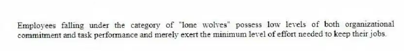 Employees falling under the category of "lone wolves" possess low levels of both organizational commitment and task performance and merely exert the minimum level of effort needed to keep their jobs.