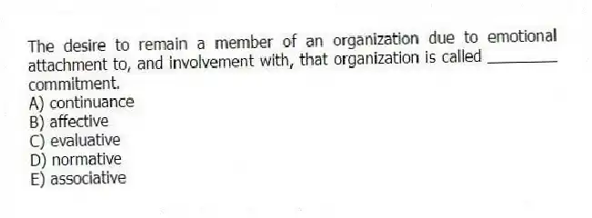 The desire to remain a member of an organization due to emotional attachment to, and involvement with, that organization is called ________ commitment.
A) continuance
B) affective
C) evaluative
D) normative
E) associative