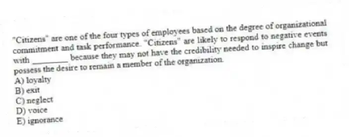 "Citizens" are one of the four types of employees based on the degree of organizational commitment and task performance. "Citizens" are likely to respond to negative events with ________ because they may not have the credibility needed to inspire change but possess the desire to remain a member of the organization.
A) loyalty
B) exit
C) neglect
D) voice
E) ignorance