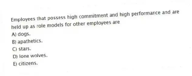 Employees that possess high commitment and high performance and are held up as role models for other employees are
A) dogs.
B) apathetics.
C) stars.
D) lone wolves.
E) citizens.