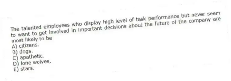 The talented employees who display high level of task performance but never seem to want to get involved in important decisions about the future of the company are most likely to be
A) citizens.
B) dogs.
C) apathetic.
D) lone wolves.
E) stars.