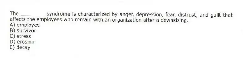 The ________ syndrome is characterized by anger, depression, fear, distrust, and guilt that affects the employees who remain with an organization after a downsizing.
A) employee
B) survivor
C) stress
D) erosion
E) decay