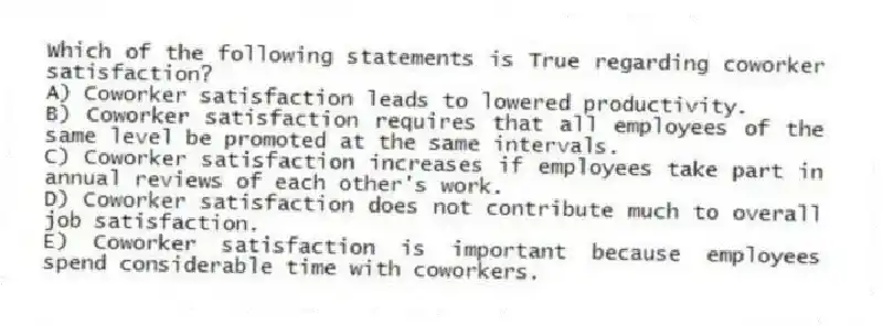 Which of the following statements is True regarding coworker satisfaction?
A) Coworker satisfaction leads to lowered productivity.
B) Coworker satisfaction requires that all employees of the same level be promoted at the same intervals.
C) Coworker satisfaction increases if employees take part in annual reviews of each other's work.
D) Coworker satisfaction does not contribute much to overall job satisfaction.
E) Coworker satisfaction is important because employees spend considerable time with coworkers.
