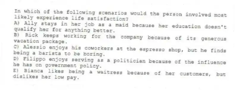 In which of the following scenarios would the person involved most likely experience life satisfaction?
A) Ally stays in her job as a maid because her education doesn't qualify her for anything better.
B) Rick keeps working for the company because of its generous vacation package.
C) Alessio enjoys his coworkers at the espresso shop, but he finds being a barista to be boring.
D) Filippo enjoys serving as a politician because of the influence he has on government policy.
E) Bianca likes being a waitress because of her customers, but dislikes her low pay.