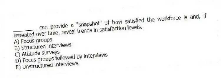 ________ can provide a "snapshot" of how satisfied the workforce is and, if repeated over time, reveal trends in satisfaction levels.
A) Focus groups
B) Structured interviews
C) Attitude surveys
D) Focus groups followed by interviews
E) Unstructured interviews