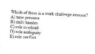Which of these is a work challenge stressor?
A) time pressure
B) daily hassles
C) role overload
D) role ambiguity
E) role conflict