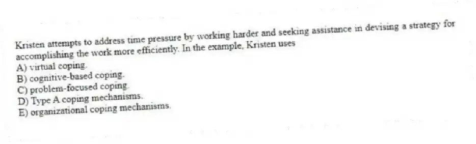 Kristen attempts to address time pressure by working harder and seeking assistance in devising a strategy for accomplishing the work more efficiently. In the example, Kristen uses
A) virtual coping.
B) cognitive-based coping.
C) problem-focused coping.
D) Type A coping mechanisms.
E) organizational coping mechanisms.