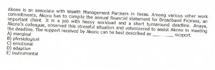 Akono is an associate with Wealth Management Partners in Texas. Among various other work commitments, Akono has to compile the annual financial statement for Broadband Express, an important client. It is a job with heavy workload and a short turnaround deadline. Anaya, Akono's colleague, observed this stressful situation and volunteered to assist Akono in meeting the deadline. The support received by Akono can be best described as ________ support.
A) marginal
B) physiological
C) emotional
D) adaptive
E) instrumental