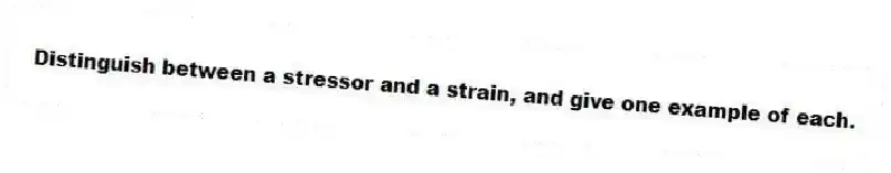 Distinguish between a stressor and a strain, and give one example of each.