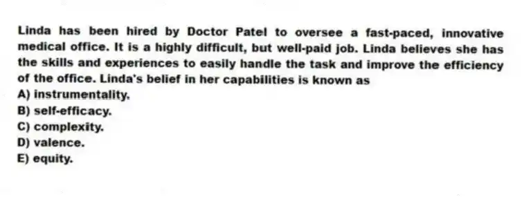 Linda has been hired by Doctor Patel to oversee a fast-paced, innovative medical office. It is a highly difficult, but well-paid job. Linda believes she has the skills and experiences to easily handle the task and improve the efficiency of the office. Linda's belief in her capabilities is known as
A) instrumentality.
B) self-efficacy.
C) complexity.
D) valence.
E) equity.