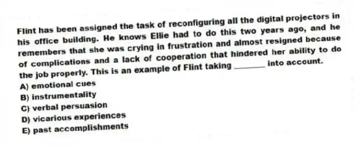 Flint has been assigned the task of reconfiguring all the digital projectors in his office building. He knows Ellie had to do this two years ago, and he remembers that she was crying in frustration and almost resigned because of complications and a lack of cooperation that hindered her ability to do the job properly. This is an example of Flint taking ________ into account.
A) emotional cues
B) instrumentality
C) verbal persuasion
D) vicarious experiences
E) past accomplishments