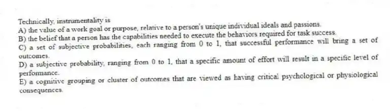Technically, instrumentality is
A) the value of a work goal or purpose, relative to a person's unique individual ideals and passions.
B) the belief that a person has the capabilities needed to execute the behaviors required for task success.
C) a set of subjective probabilities, each ranging from 0 to 1, that successful performance will bring a set of outcomes.
D) a subjective probability, ranging from 0 to 1, that a specific amount of effort will result in a specific level of performance.
E) a cognitive grouping or cluster of outcomes that are viewed as having critical psychological or physiological consequences.