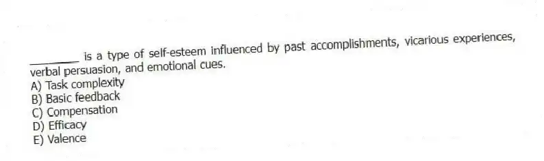 ________ is a type of self-esteem influenced by past accomplishments, vicarious experiences, verbal persuasion, and emotional cues.
A) Task complexity
B) Basic feedback
C) Compensation
D) Efficacy
E) Valence