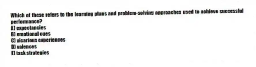 Which of these refers to the learning plans and problem-solving approaches used to achieve successful performance?
A) expectancies
B) emotional cues
C) vicarious experiences
D) valences
E) task strategies